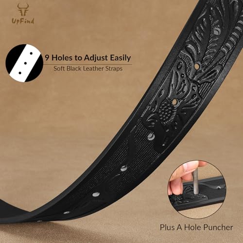 Western Cowboy Leather Belt Men Women, Gold Initial Letters ABCJMZ Buckle Embossed Belt for Jeans