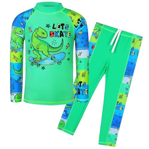 Image of TFJH E Boys Long Sleeve Rash Guard 2 Piece Swim Set UPF 50+ Age 3-14 | Soft Breathable, UV 50+, quick dry. Bright colorful prints kids love. Perfect for pool, beach, summer. active play.