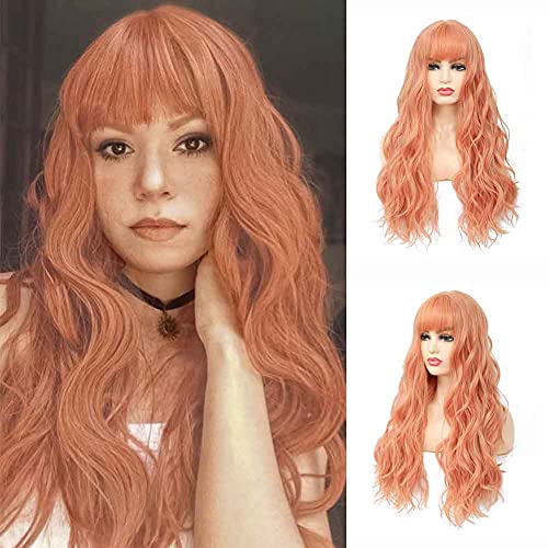 SOKU Pink Wig with Bangs Long Wave 20 Inch Fluffy Hair with Fringe Soft Touching Heat Resistant Synthetic Fiber Natural Wavy Costume Hair Halloween Party Wigs