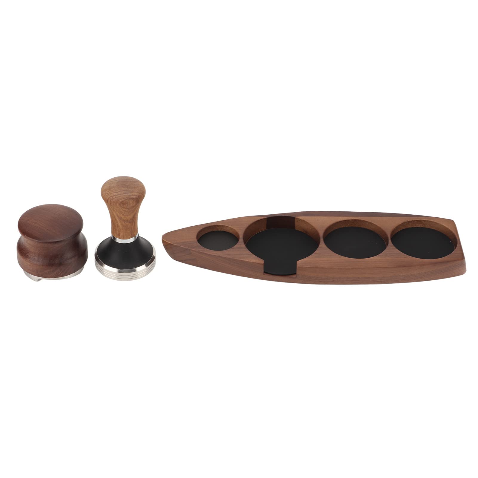 3-teiliger Kaffee-Manipulationshalter, Walnussholz-Gummi-Edelstahl-Bootsförmiger Verteilerständer, Premium-Kaffeezubehör mit Tamper und Verteiler für Barista, Kaffeebar, Küche (Für 51/53-mm-Basis,