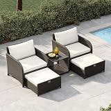 GarveeHome 5er Rattan Gartenmöbel Set mit 71cm breiter Sitzfläche, Balkonmöbel Kleiner Balkon, 2 Rattansessel mit Hocker & Tisch, Gartenlounge Terrassenmöbel, Outdoor Gartengarnitur