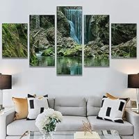 SIGNWIN 5 Panel Canvas Wall Art Forest Waterfalls for Home Decorations Ready to Hang - 60