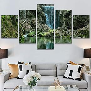 SIGNWIN 5 Panel Canvas Wall Art Forest Waterfalls...