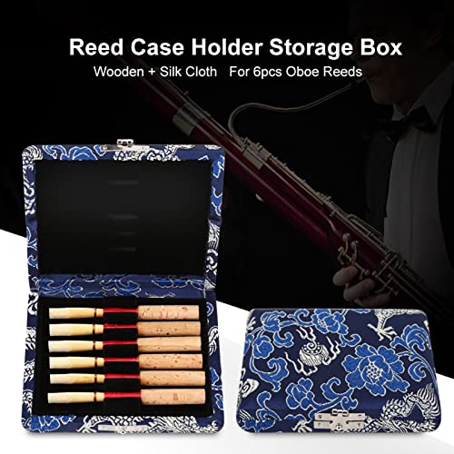 Reed Case, Wooden Silk Cloth Cover Reed Case Holder Storage Box for 6pcs Oboe Reeds (Blue)