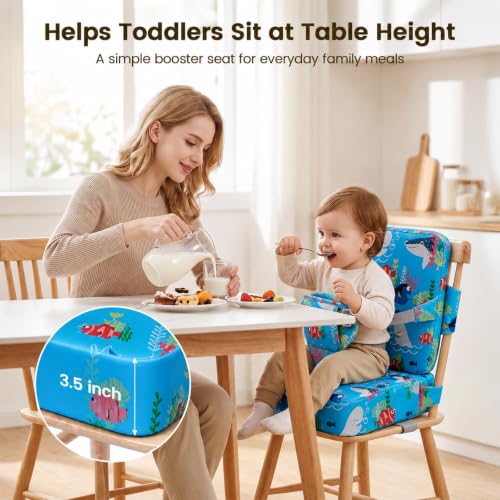 Image of Booster Seat for Kitchen Chair, Upgrade Toddler Booster Seat for Table | 3.5 inch High Density Foam Toddler Booster Seat for Dining Table with 4 inch Backrest, Front Safety Buckle, Travel Booster Chair