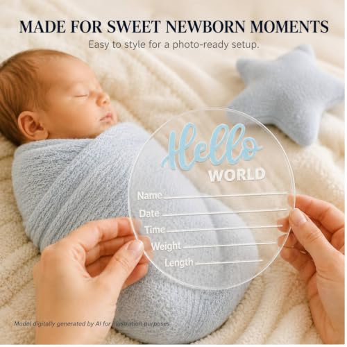 Image of Baby Announcement Sign, 5.9 Inch inchHello World inch Newborn Sign for Birth Announcement, Baby Name & Welcome Baby Board, Acrylic Newborn Announcement Sign for Hospital (Blue)