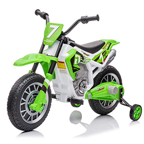 Luibas 12V 7AH Kids Ride On Motorcycle, Rechargeable Battery Powered Electric Dirt Bike, Off-Road Street Bike with Training Wheels, Spring Suspension, High/Low Speeds, Built-in Music, Green