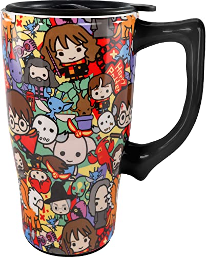 Image of Spoontiques - Ceramic Travel Coffee Mug with Lid and Handle - Spill Proof Lid - Double Walled Mug for Hot and Cold Beverages - Microwave and Dishwasher Safe - Harry Potter
