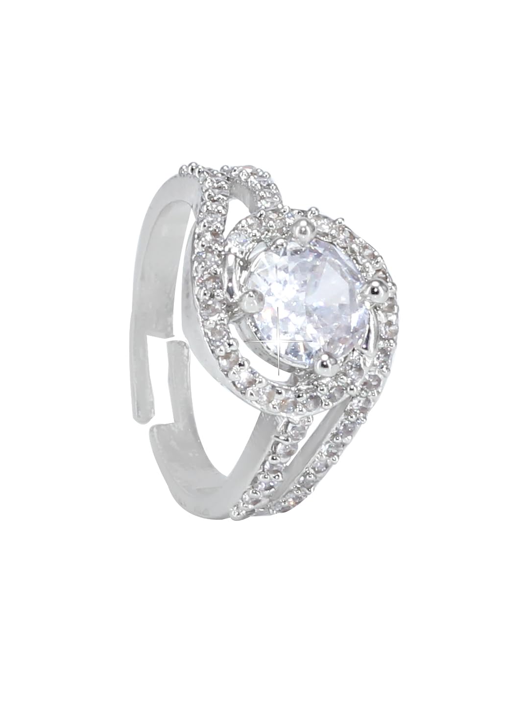 Studio Rhodium Plated Solitaire AD American Diamond Studded Adjustable Finger Ring For Girls and Women-image-28