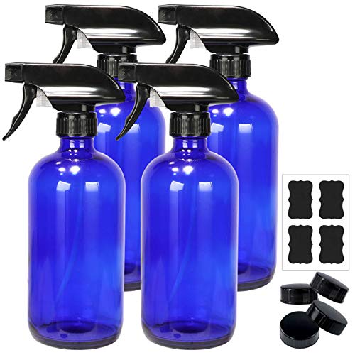 4 Pack 16 oz Blue Boston Glass Spray Bottles,Refillable Trigger Sprayers with Mist & Stream for Essential Oils, Bath, Beauty, Hair & Cleaning Products.Include 4 Durable Caps and 6 Chalk Labels.