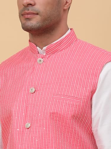Mens Silk Blend Sequenced Striped Waistcoat, Nehru Jacket Only, Ethnic Traditional Wear4