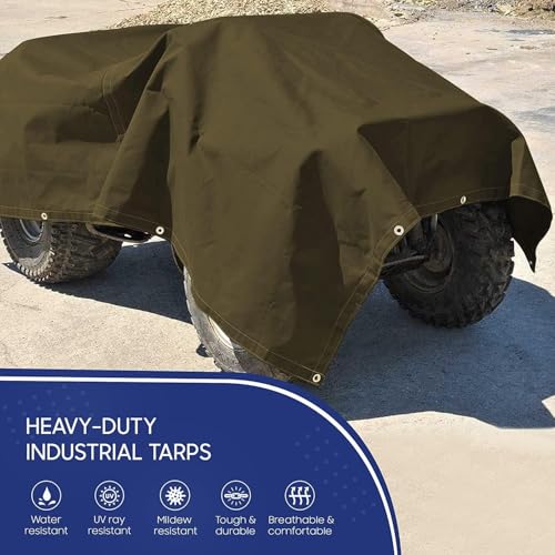 Tarps Now 30x30 ft Heavy Duty Canvas Tarp | 20 MIL Commercial Grade, Tear Resistant, Reinforced Edges, Brass Grommets | Ideal for Construction, Trucking, Manufacturing, Automotive – Olive Color