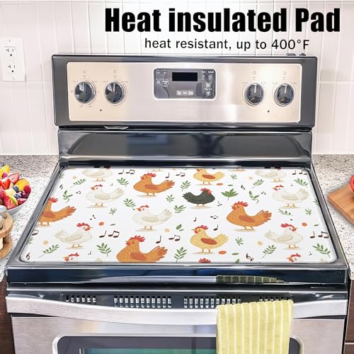 Image of Farmhouse Rooster Glass Top Stove Cover Protector,Green Leaves Music Notes Stove Top Covers for Electric Stove,Washable Heat Resistant Cooktop Mat Anti-Slip Range Covers, 28 x 20 Inch