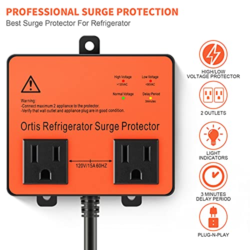 Refrigerator Surge Protector, Ortis Double Outlet Voltage Protector for Home Appliances with Time Delay, Protects Against Brownout, Spike, Instant Surge All Voltage Abnormalities