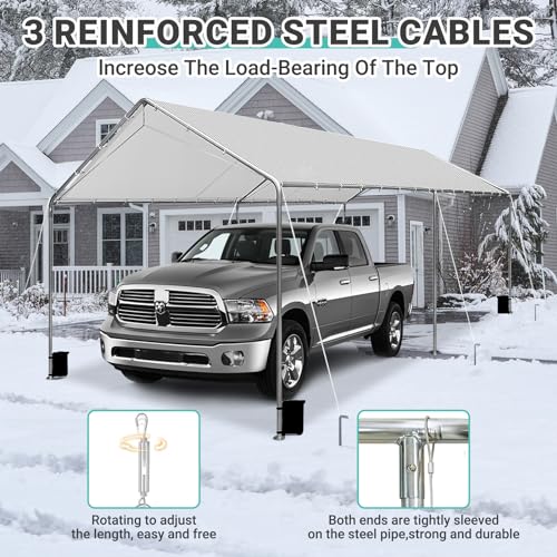 Image of Heavy Duty 10 X 20 Ft Easy to Assemble Metal Car Canopy Shelter with Reinforced Steel Cables, Outdoor Portable Garage for Car, Boat Tent, Light Grey