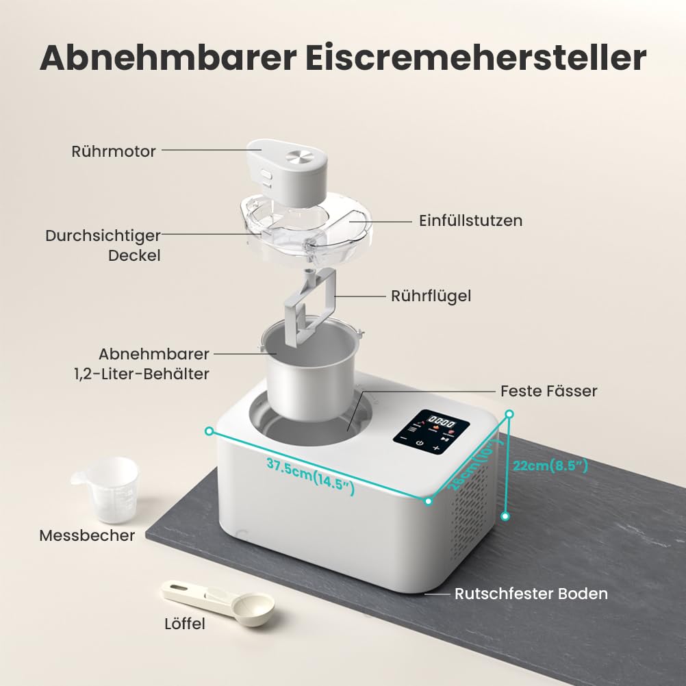 Eismaschine mit Kompressor 1,2L, Eismaschine Selbstkühlend 110W, mit Entnehmbarem Eisbehälter, inkl. Eisportionierer/Messzylinder mit Skala