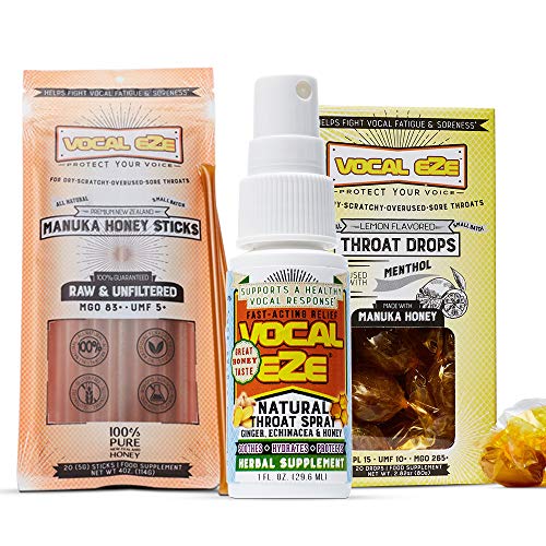 Vocal Eze Throat Spray With Manuka Honey Sticks (20Ct.) And Manuka Honey Lemon Menthol Drops (20Ct.) | For Sore And Dry Throats, Hoarse And Overused Voices #TOP4