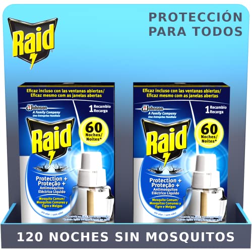Raid ® Pack de 2 Recambios Eléctrico Líquido Protección+ 60 noches - Cargadores para aparato anti mosquitos comunes y tigre con difusor regulable, Hasta 120 noches de protección, 2 Unidades