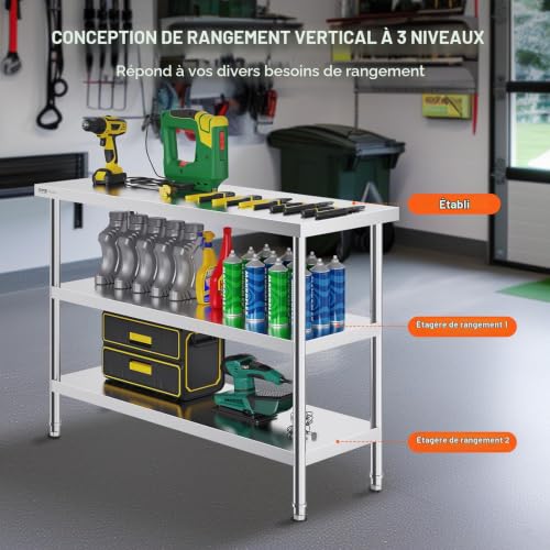 VEVOR Table de Travail en Acier Inoxydable 45,7x121,9x86,4 cm, Table de Préparation des Aliments avec 2 Étagères Inférieures Réglables, Meuble de Rangement pour Cuisine Restaurant Garage Maison – vue 6