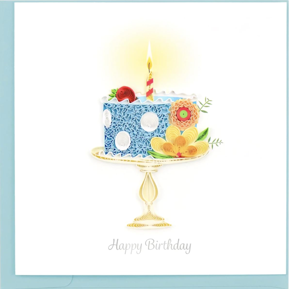 Quilling Card 3-D Greeting Card - Happy Birthday Whimsical Birthday Cake, Blue