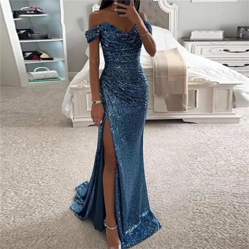Generic Women Party Banquet Slim Sequin Maxi Dress Sexy Slash Neck Glitter Floor-Length Dress2