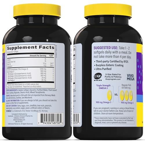 Image of Triple Strength OMEGA-3 (by InnovixLabs). Concentrated Fish Oil, 900 mg Omega-3 per Pill. Enteric Coated, Odorless & Burp-Free, 200 Capsules.