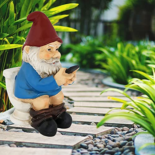 Runsmooth Gartenzwerg auf dem Klo - 13cm auf Toilette mit Zeitung - Gartenfigur Lustig - Dekoration Wetterfest für Garten Campingplatz - Gartendeko für außen