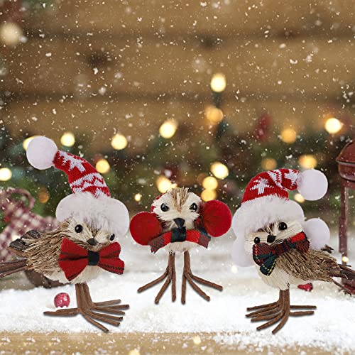 Sancodee Set Of 3 Christmas Birds Table Top Decorations, Christmas Twig Bird Figurines With Plush Hat, Red Bird Xmas Ornaments Tabletop Decor For Mante Kitchen Fireplace Home Holiday #TOP3