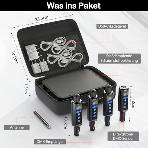 TECKZOON Kabelloses DMX Controller Set mit Transportbox, DMX512-Sender und 3 Ladebar Empfängern, bis zu 20 Stunden Akkulaufzeit, Touchscreen-Steuerung, DMX-Lichtsteuerungssystem für Bühnenbeleuchtung