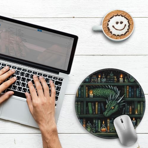 Image of Gctriki Gothic Dragon Small Mouse Pad, Funny Round Mousepad, 8.6 inch | Stitched Edges, Non-Slip, Mouse Pad for Computer Laptop Travel, Office Desk Accessories Decor, Mystical Library Vintage Book