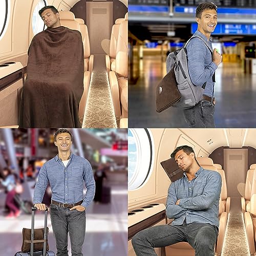 Image of BlueHills Premium Soft Travel Blanket Pillow Airplane Blanket Soft Bag Pillow case with Hand Luggage Belt and Backpack Clip Compact Pack Large Blanket Throw Air Plane Flight Travel (Brown T009)