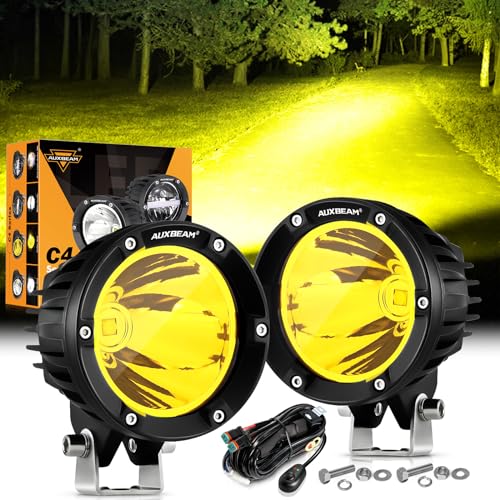 Auxbeam 4In 72W Amber Fog Light, Round Led Offroad Light, 2PCS 7200LM Amber Light Pod with Wiring Harness Kit, Super Bright Driving Light Yellow Spot Beam Light Bar for Jeep Motor SUV ATV UT