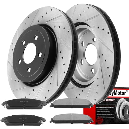 Image of MotorbyMotor Front Brake Kit fits for for Chrysler 300, Dodge Charger Challenger Magnum E-Coating Drilled & Slotted Rotors and Ceramic Brake Pads Replace 13.58 inch (345mm) Front Vented Rotors