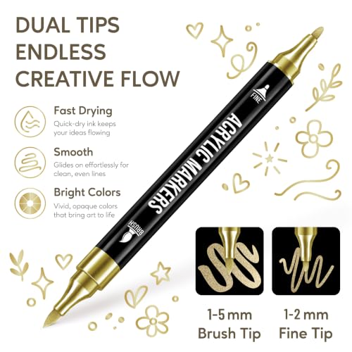 Image of Pagather Gold Acrylic Paint Markers, 12 Pack Dual Tip with Fine Tip and Brush Tip Pens for Fabric, Stone, Wood, Canvas, Ceramic, Metal