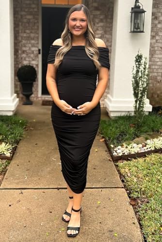 PinkBlush Off Shoulder Ruched Maternity Midi Dress