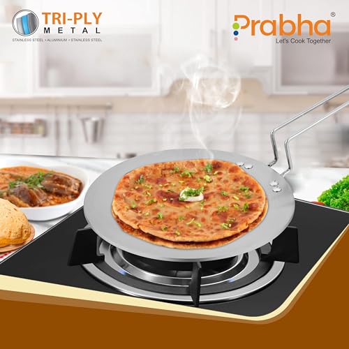 Image of Prabha Stainless Steel Tri-Ply Induction Base Roti Tawa 28cm - Best for Kitchen Use, Sturdy Handle - Ultimate Roti Tawa Solution