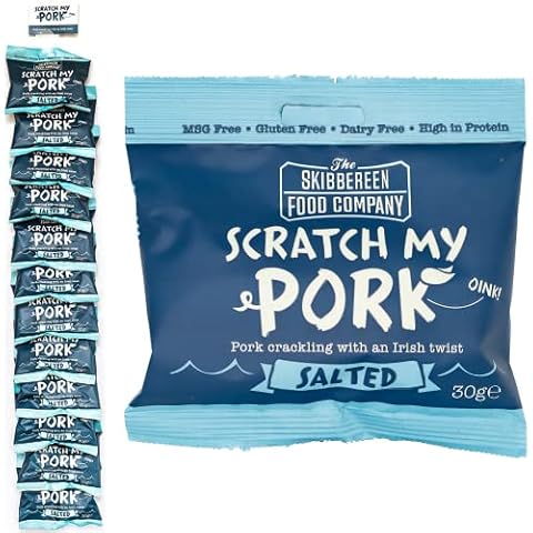 Scratch My Pork Pork Crackling - Lightly Salted Gluten Free Pork Scratchings - 100% Pork Rinds - Low Carb High Protein Pub Snacks on Card Like Clip Strip - 12 x 30g Packs by The Skibbereen Food Co Cover