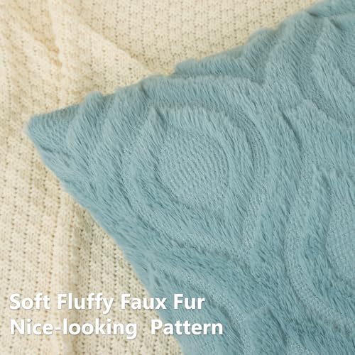 decorUhome Fall Throw Pillow Covers 24x24 Inch Set of 2, Soft Plush Decorative Faux Fur Aqua Solid Couch Pillow Covers, Accent Farmhouse Neutral Square Euro Pillow Cases for Sofa Bed Living Room