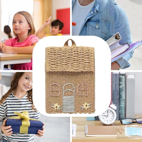 Mochila de paja trenzada hecha a mano pequeña caqui vertical 4
