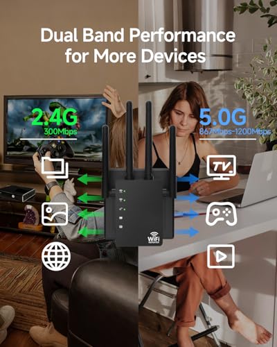 Dual Band 5GHz/2.4GHz WiFi Extender, WiFi Booster, WiFi Extender Signal Booster, Covers 12880 Sq.ft, Supports 105 Devices, Wireless Signal Booster for Home