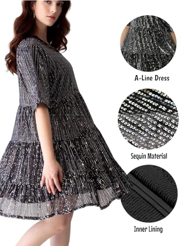 Image of Sequin Babydoll Summer Dress，Sparkly Glitter Dress Short Flowy Tiered Tunic Dress for Women Party Club Night