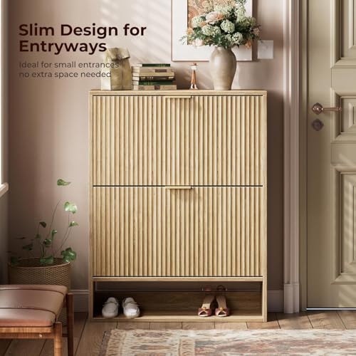 Image of Evermagin 31.5''W Oak Shoe Cabinet Storage for Entryway, Fluted Slim Shoe Dresser with 2 Flip Drawers, Narrow Shoe Rack Cabinet, Hidden Shoe Organizer Cabinet for Entrance, Hallway