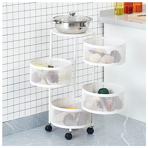 Carrito de almacenamiento de 4 niveles con ruedas, carrito de metal multicapa con cestas giratorias para frutas, verduras y carrito de ahorro de espacio en el baño (blanco)