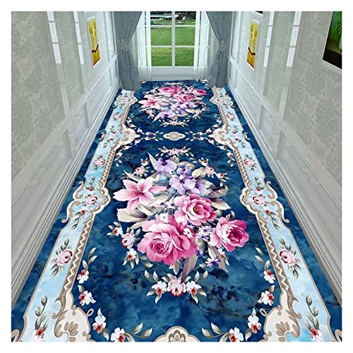 JYHHCYS moqueta por Metros Alfombra De Pasillo, Alfombras Azules Antideslizantes De Estilo Europeo para La Entrada De La Sala De Estar del Dormitorio, Alfombra con Estampado Floral Múltiple Cover