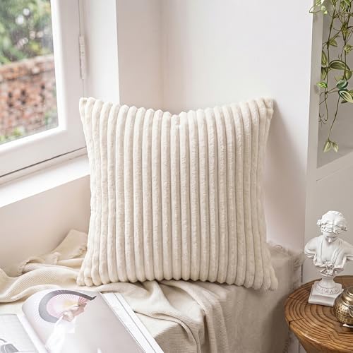 Image of Yellow Weaves Pencil-Stripe Fur Cushion Covers | Soft Polyester | Decorative Sofa & Throw Pillow Covers | 16x16 Inches, Pack of 5 (Ivory)