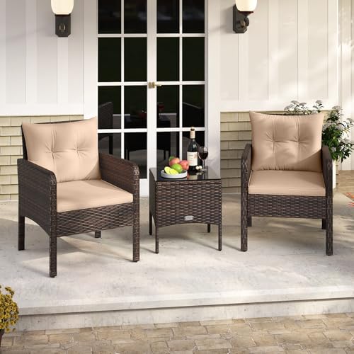 Image of Tangkula 3 Pieces Patio PE Wicker Furniture Set, Outdoor Bistro Conversation Set with Cushions and Tempered Glass Coffee Table, Outside Rattan Table and Chairs for Porch (Beige)