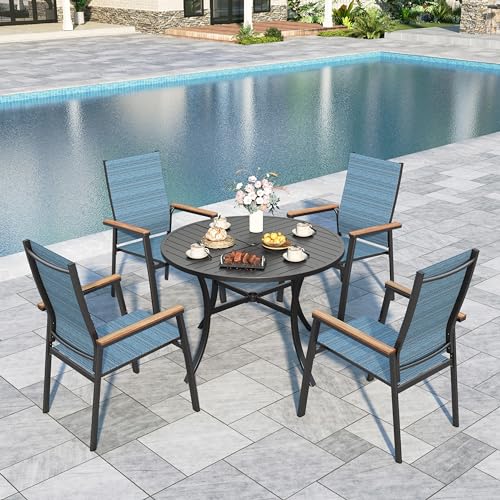 Image of Sophia & William Round Patio Dining Set for 4 with Aluminum Chairs, Blue | Metal table, Stackable sling chairs, Breathable & quick-drying, Light-weight & space-saving, Umbrella Hole, Outdoor, 5 piece
