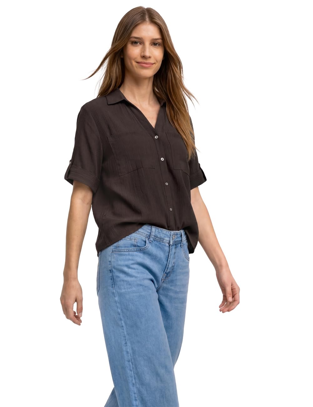 Street One Women's 3413376 Short-Sleeved Shirt Blouse with Turn-Up Details (Pack of 1), Espresso Brown, 20