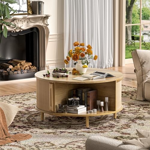 Image of Round Coffee Table, 31.5 inch Fluted Center Table with Storage, Lift-Top Coffee Table with Adjustable Footpads, Sliding Door, Mid-Century Modern Center Table for Living Room, Small Space (Nature)