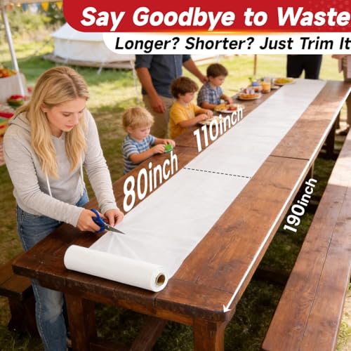 Image of Plastic Table Cloth, 110 Ft X 54 in White Disposable Tablecloth PEVA Plastic Tablecloth Roll with Any Cut Sliding Cutters Premium Table Cover Roll for Everyday Tables, Meals, Parties, Crafts, Picnics